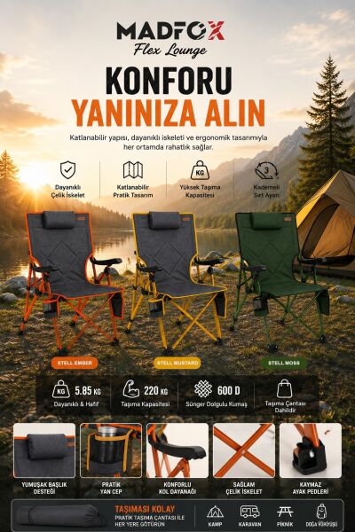 Madfox FlexLounge 3X Katlanabilir Kamp Sandalyesi Steel Mustard